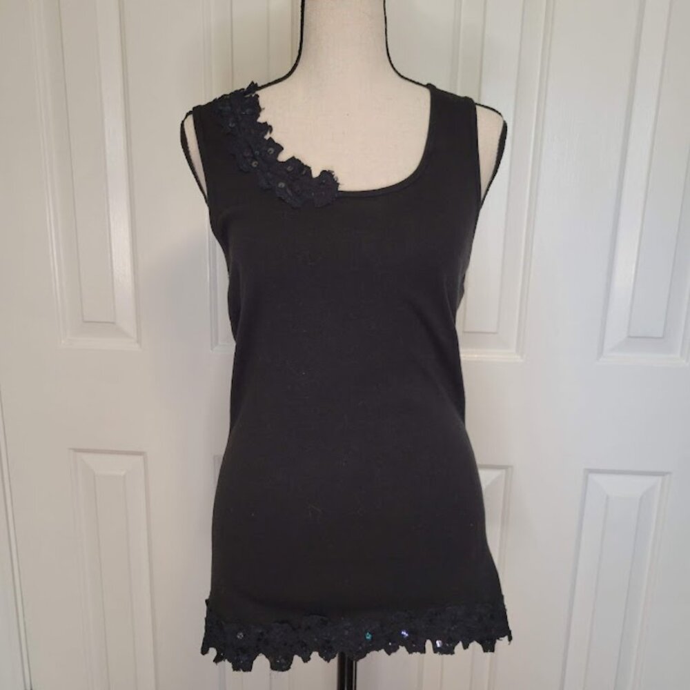 Susan Lawrence Black Lace & Sequin Embellished Tank Top. Size Medium